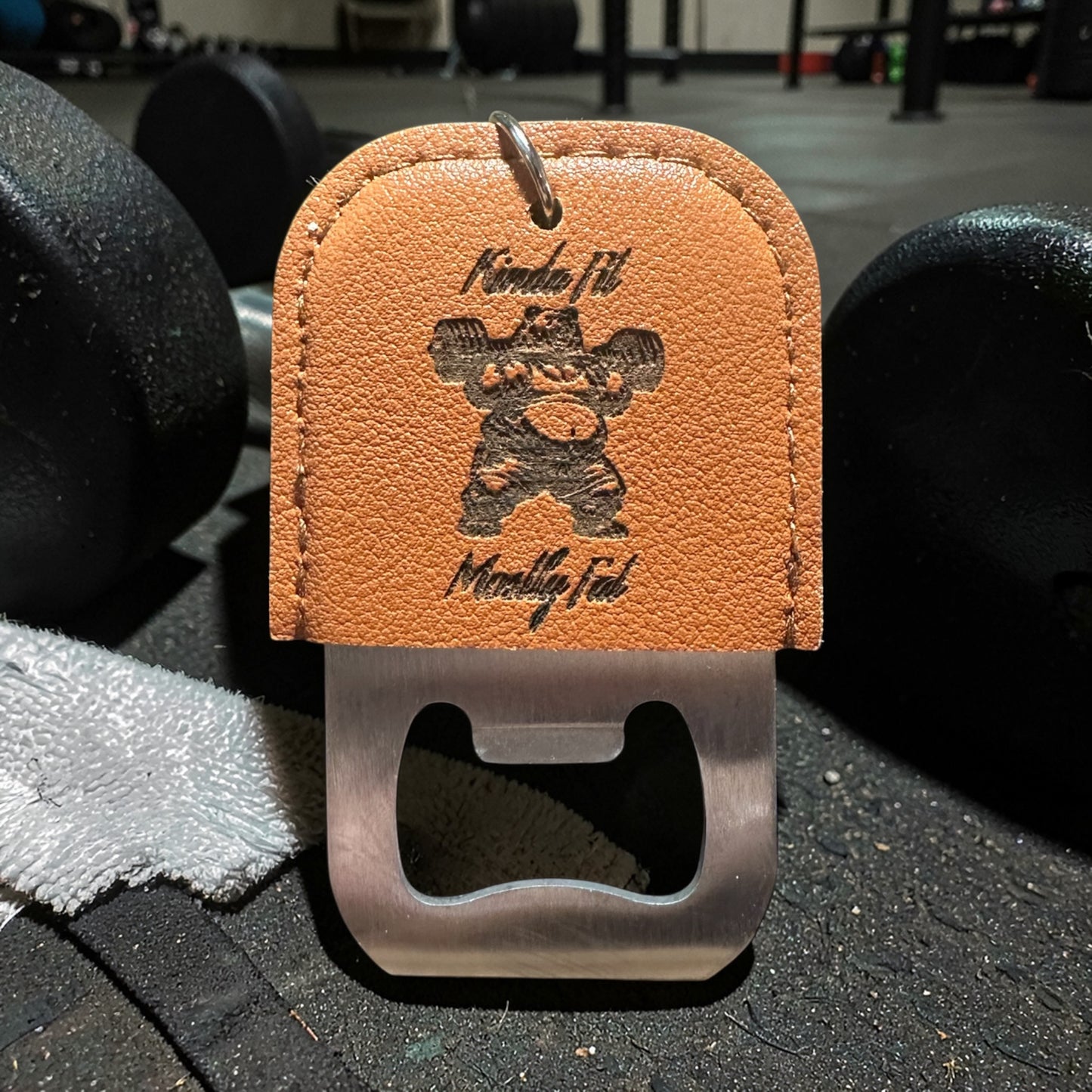 Kinda Fit-Mostly Fat leather wrapped and engraved keychain bottle opener
