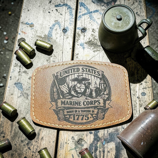 Marine Corps-Born In a Tavern 1775 leather oval patch (Iron On)